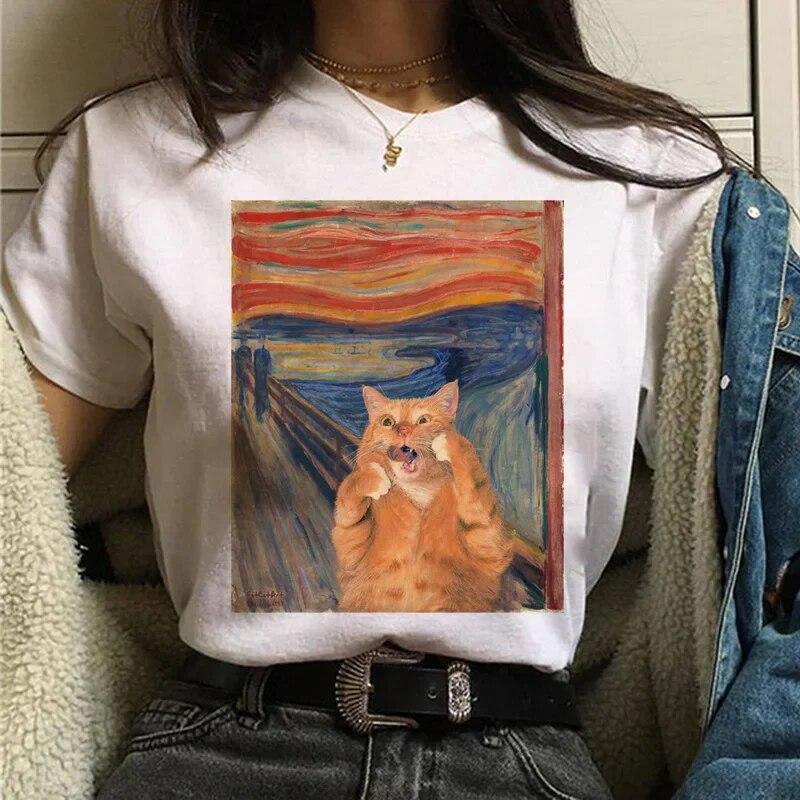 Camiseta Gato Van Gogh woUnisex estampado artístico pintura al óleo hermosa linda divertida camiseta dibujos animados años 90 ulzzang top casual camiseta mujer