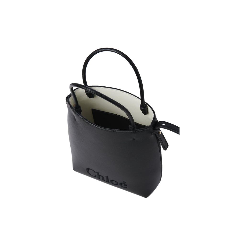 Chloe Sense Embroidered Logo Adjustable Strap Shiny Calfskin Mini Handheld Shoulder Crossbody Bag Women Bags Black CHC23-UP873I10-001