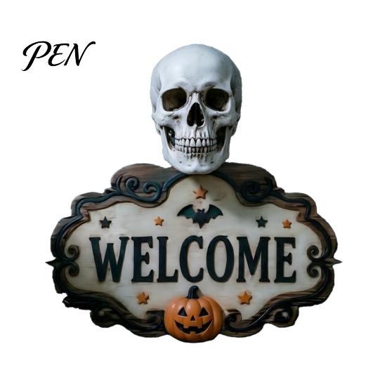 Outdoor Party Decorations Halloween Wooden Welcome Sign, Spooky Skull Frog Crow Witch Door Hanger, Hanging Plaque 2D Wall Sign for Home Decor Creative