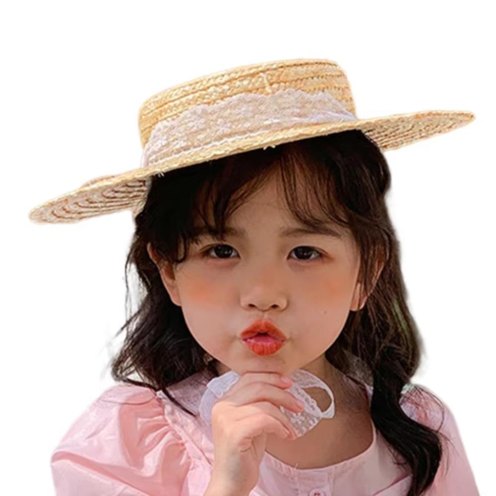 Flat Top Straw Hat Handwoven Sunscreen Cap Fashion Baby Girl Sun Hat  for Kids Decorative Props