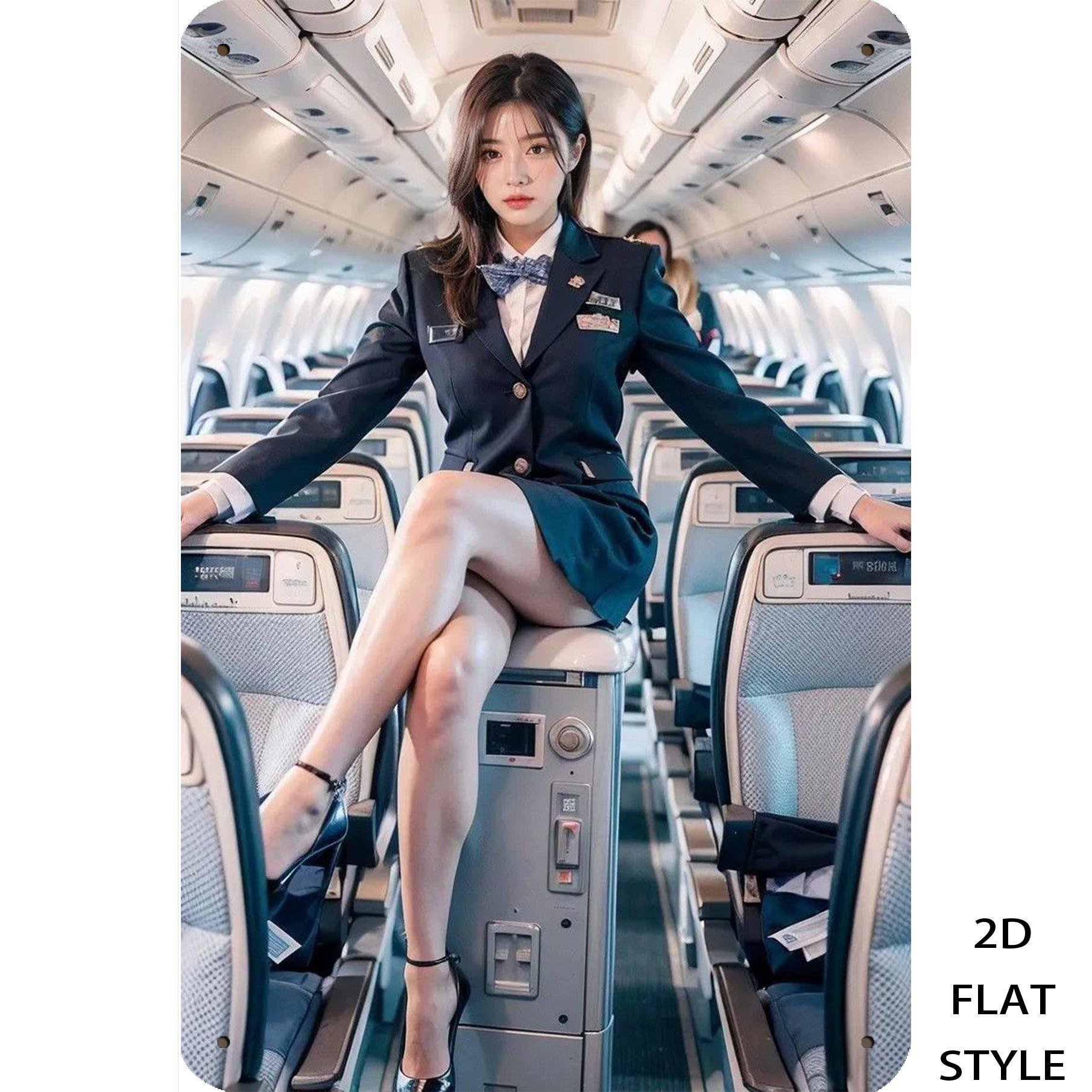 

Vintage Elegant Asian Flight Attendant Metal Tin Sign Retro Professional Girl with Long Wavy Brown Hair in Navy Blue Flight At 20x30cm（7.8x11.8inch）