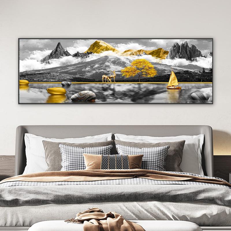 Landscape Golden Mountain Posters and Prints Canvas Painting Tree Boat Deer Cuadros Light Luxury Wall Art Living Room Home Decor
