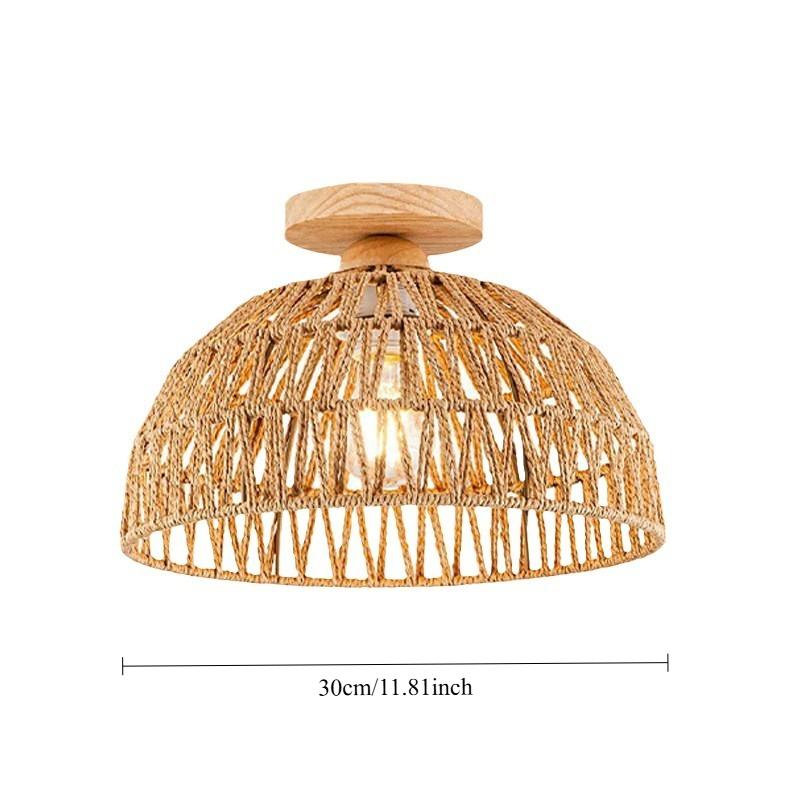 Boho Rattan Ceiling Light 30CM Lamp Shade Flush Mount Ceiling Light Handwoven Chandelier Wooden Base for Hallway Bedroom Kitchen