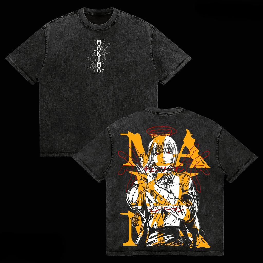 Makima Chainsaw Man T-shirt Manga Printed Vintage Washed T Shirt Men Clothing Summer Casual Oversized Pure Cotton Tees Clothes