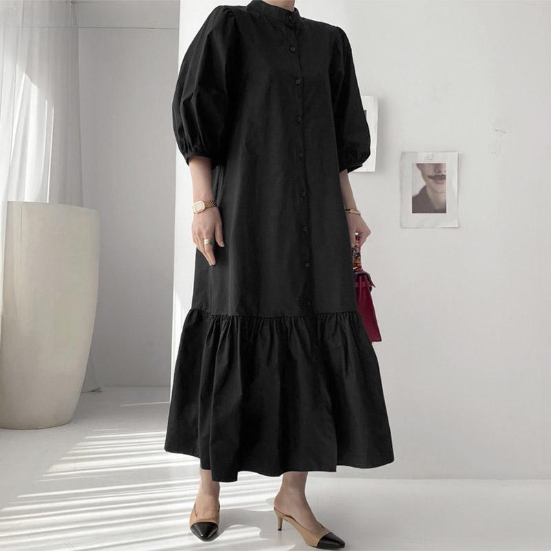 Women's Button Up Kaftan Oversized Dress Solid Color Casual 3/4 Sleeve Flounce Hem Long Dress