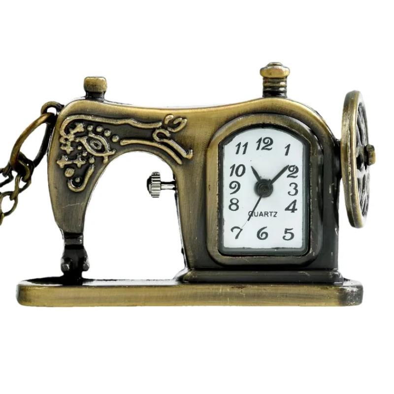 

Steampunk Retro Bronze Small Sewing Machine Quartz Pocket Watch Necklace Pendant Clock Chain Women s Gift бронзовый