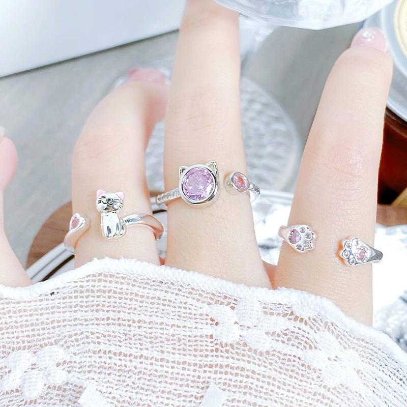 [Pink Meow Ring] Kitten Cat Claw Cartoon Cute Opening Ring Pink Zircon Stacked Wearing Girlfriend Ring Woman