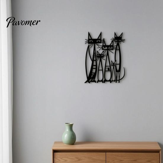 Artistic Iron Wall Decor Metal Cartoon Cat Art for Living Room Bedroom, Creative Black Silhouette Sculpture, Minimalist Animal Hanging Ornament