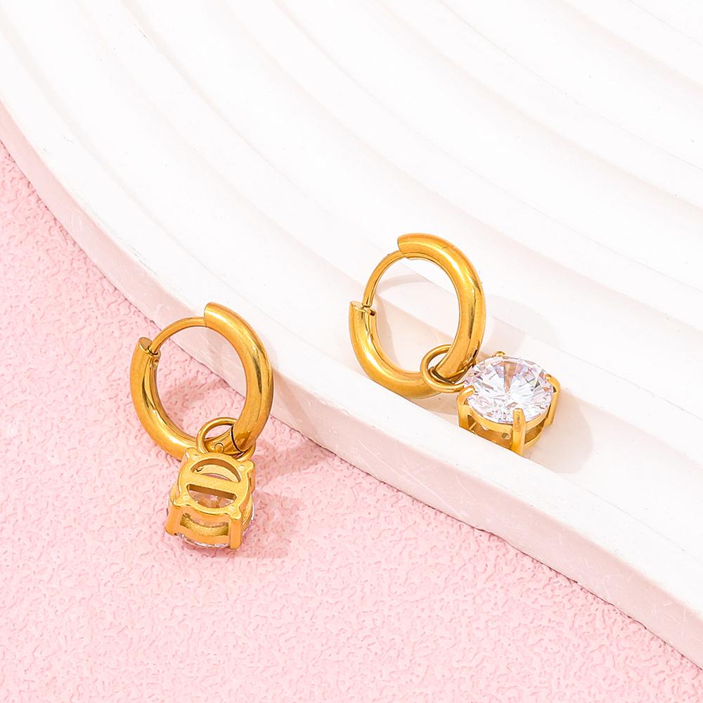 High End 18K Gold Plated PVD Single Round Zirconia Pendant Huggie Earrings Trendy Stainless Steel Fashion Jewelry-