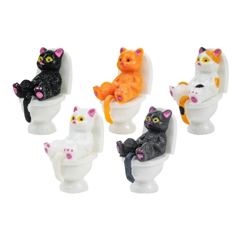 Funny Bathroom Cats Figurine and Toilet Ornament for Home Shelf Desk Accent and Miniature Scene Decoration