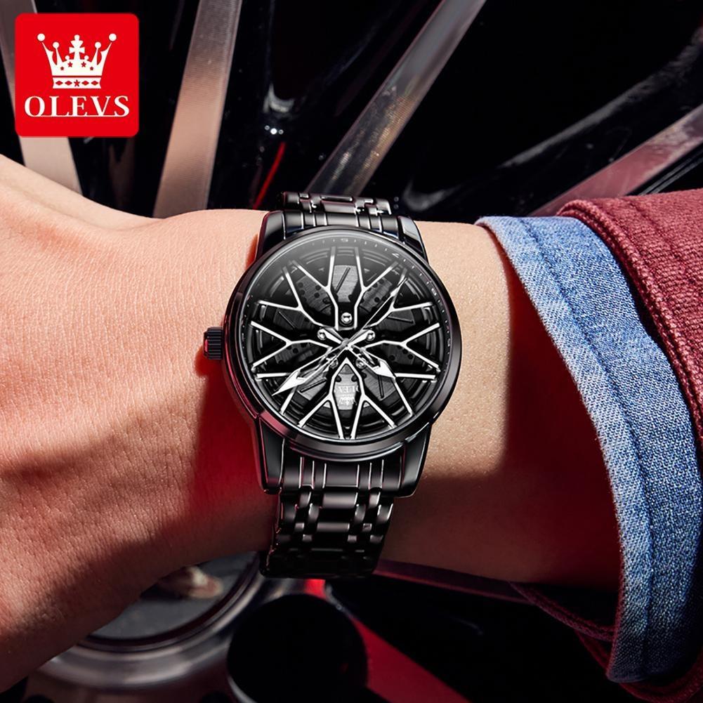 OLEVS Relógio de Pulso Masculino de Quartzo com Mostrador Rotativo 360° Fashion Roda Cubo de Roda Aro Carro Esportivo Aço Inoxidável à Prova d'Água