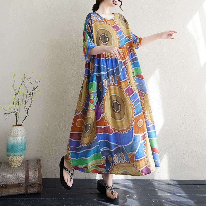 

Тонкое хлопково-льняное платье с круглым вырезом, короткими рукавами и длинной юбкой, длинная девочка One size