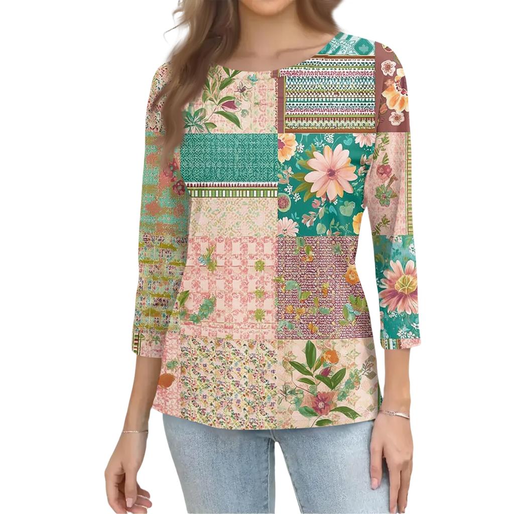 Long Sleeve Shirts for Women Patchwork Floral Print Womens Long Sleeve Tops Casual Crewneck Long Sleeve T Shirt Women for Daily Wear