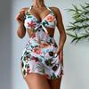 3Pcs/Set Women Swimwear Halter With Skirt Push Up Swim Pool Matching Sexy High Waist Thong Bikinis Set Water Sports Accessory