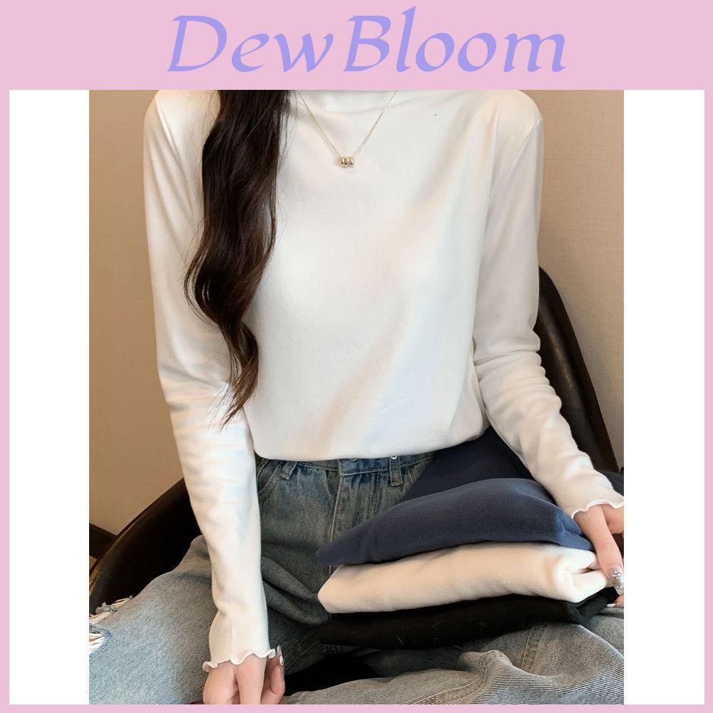 Spring Autumn Winter Knitwear T Shirt For Women With Wood Ears Trim And Half High Neck In Soft Fabric