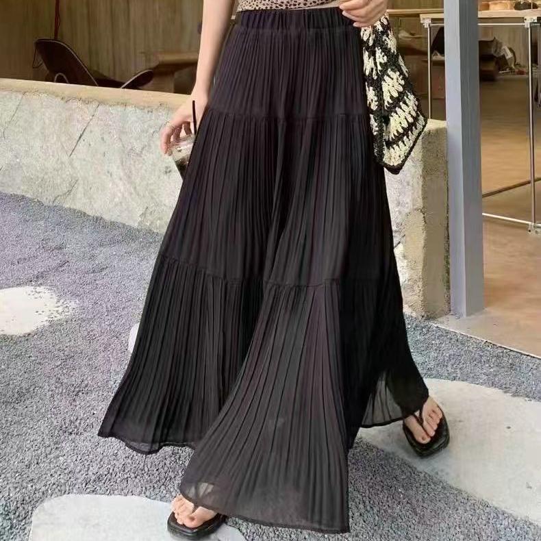 Qooth Summer Chiffon High Waist Skirt A-Line Pleated Maxi Skirt Ruffles Elegant Fashion Skirt QT2597