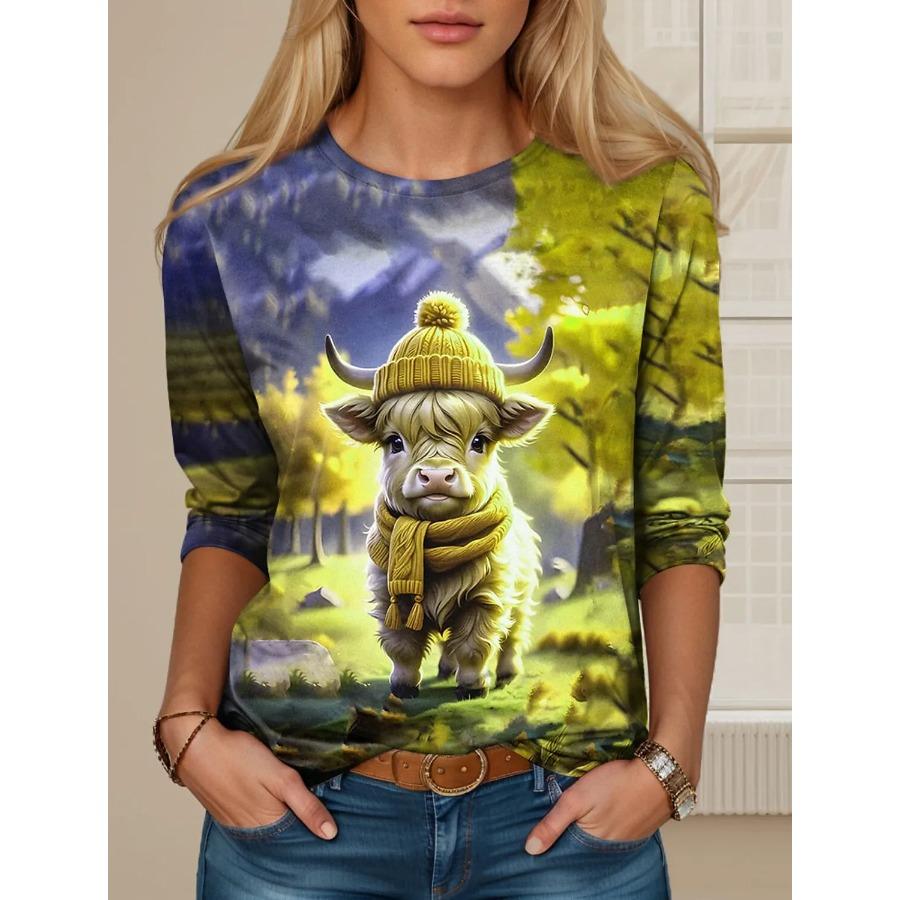 New Women's T Shirt 3D Print Kawaii Animal Graphics Long Sleeve Funny Crew Neck Regular Fit Spring/Fall Thin Style Sweatshirt