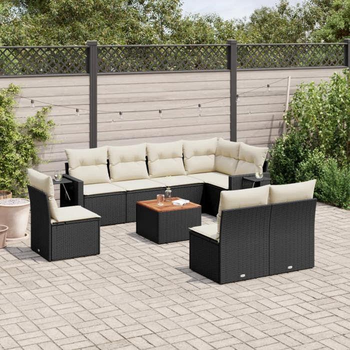 VidaXL Salon de Jardin avec Coussins 9 pcs, Canapés de Terrasse, Ensemble de Meubles de Patio, Mobilier d'Extérieur, Noir 3256931