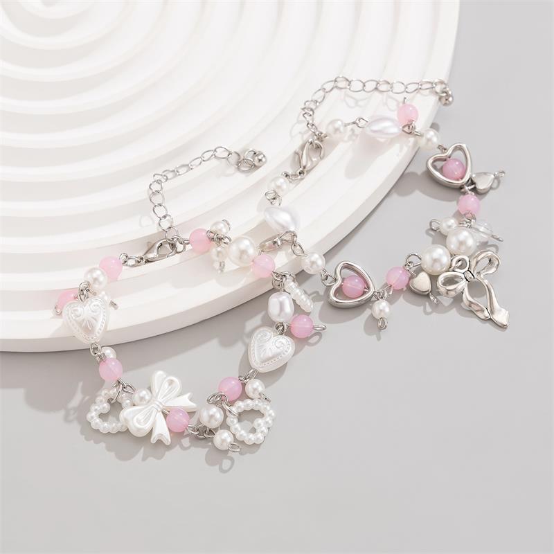 1/2 Pcs Bow Love Pendant Imitation Pearl Beaded Bracelet  Trendy Women Bracelet Girly Sweet Y2K Jewelry Accessories Gifts