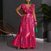 European and American large-size summer new fashion printing vacation ruffle V-neck medium and long dress