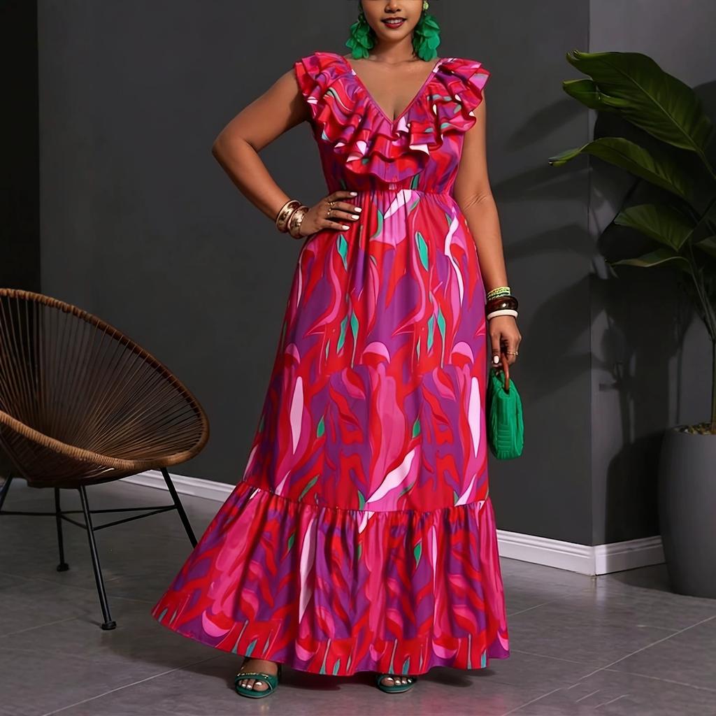 European and American large-size summer new fashion printing vacation ruffle V-neck medium and long dress