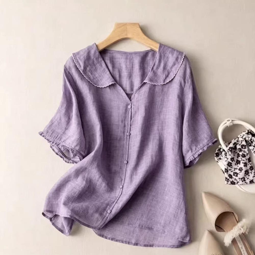 

Short-sleeved Navy Collar Ramie Top Literary Retro Cotton and Linen Shirt Doll Collar Loose and Thin 2XL фіолетовий