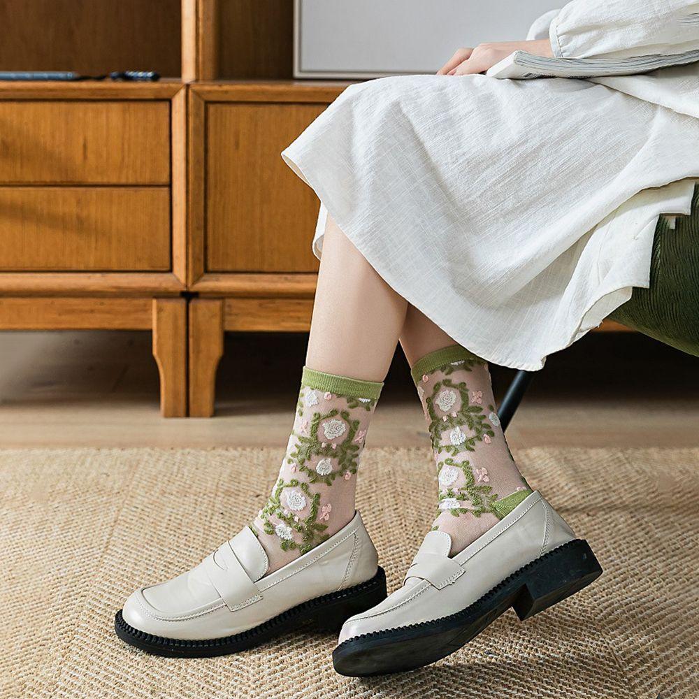 Korean Embroidery Crystal Silk Socks Middle Tube Socks Floral Hosiery Women's Socks Flower Socks