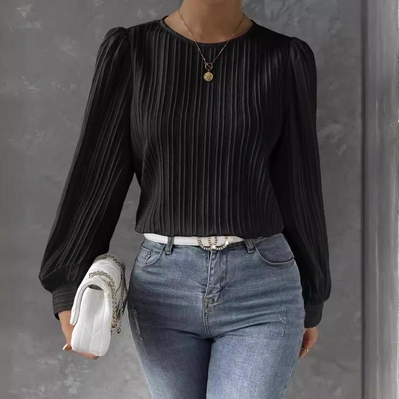 Women's Fashion Casual Spring Autumn Solid Color Print Long Sleeve O-Neck Blouses Shirts
