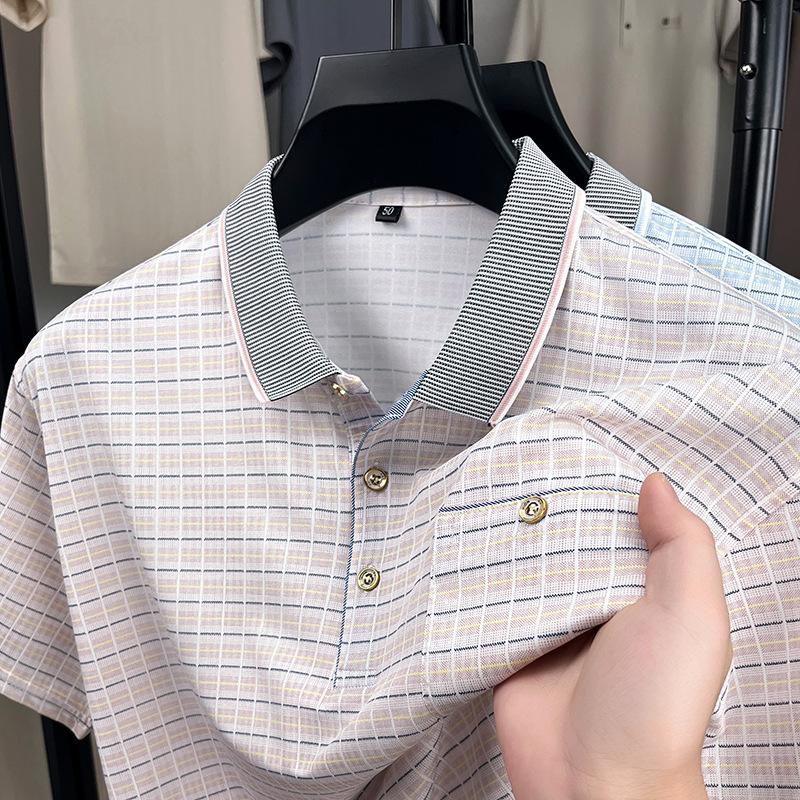 Herren T-Shirt Mit Umlegekragen Karierte Taschen Lässig Bequem Umlegekragen Papa T-Shirt
