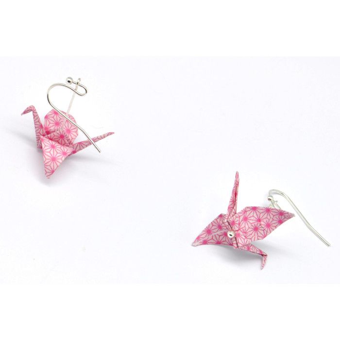 Origami Crane Pink Paper Earrings
