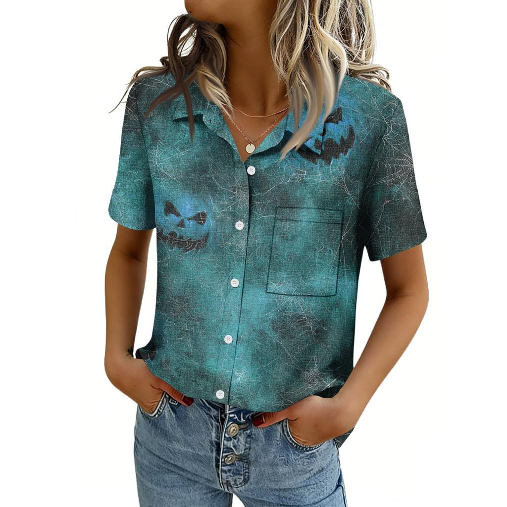 Women's Short Sleeve Button Down Shirt with Chest Pocket Casual Independence Day Top