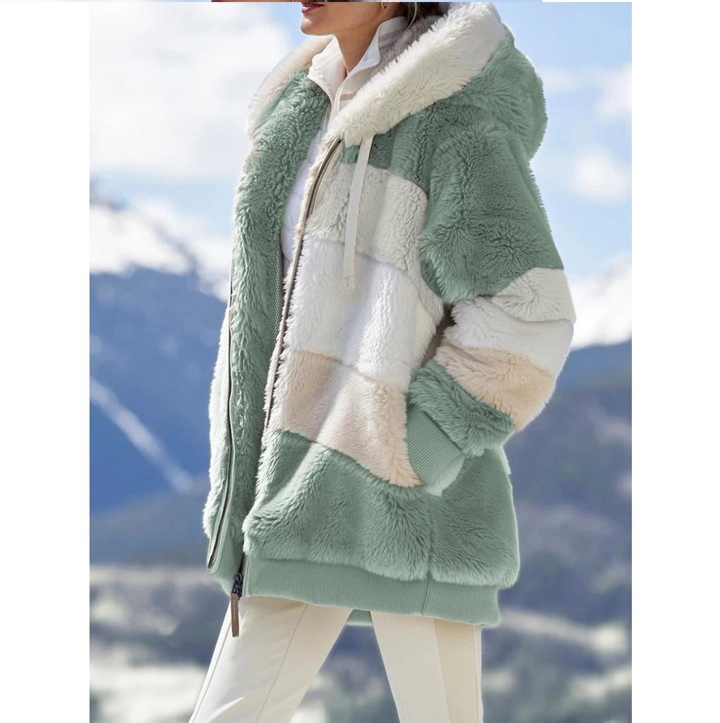 Autumn and Winter Warm Plush Patchwork Zipper Pocket Hooded Jacket for Women