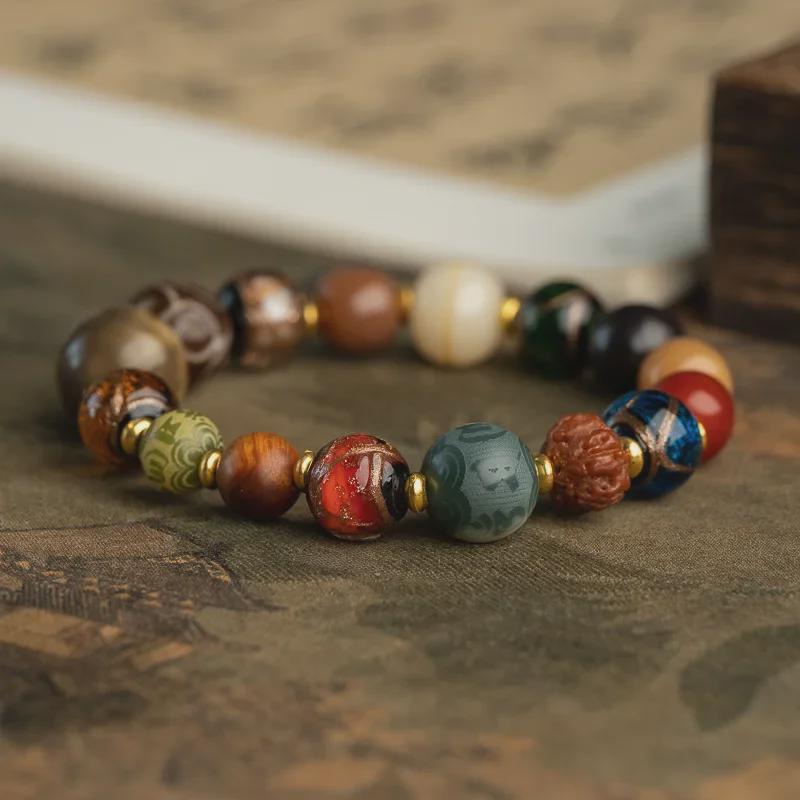 Five-Element Bodhi Seed Bracelet: Incense Ash Glass, Balanced Gold, Wood, Water, Fire, Earth - Ethnic Jewelry for Men and Women.