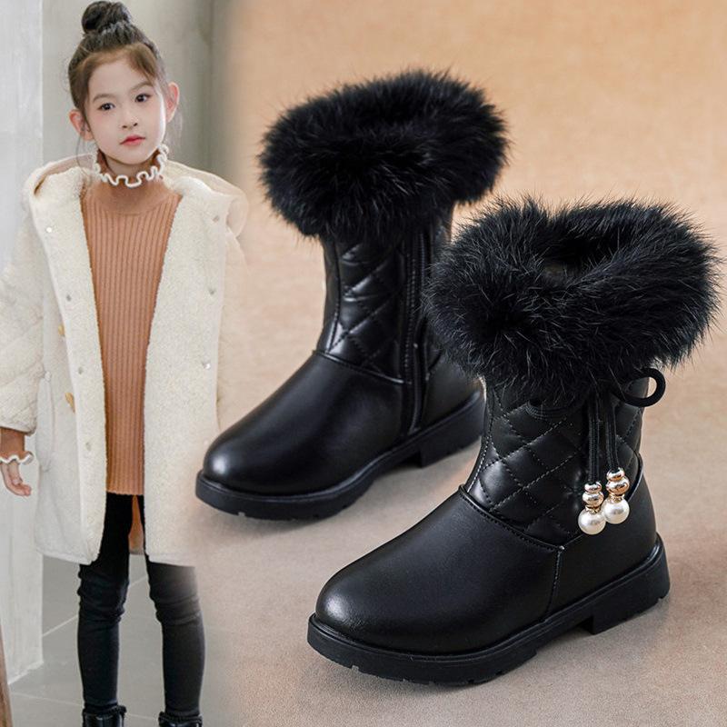 Girls Princess Boots Warm Shoes for Winter Kids Long Boots with Fur New Fashion Sweet Girls Leather Snow Boots with Bow