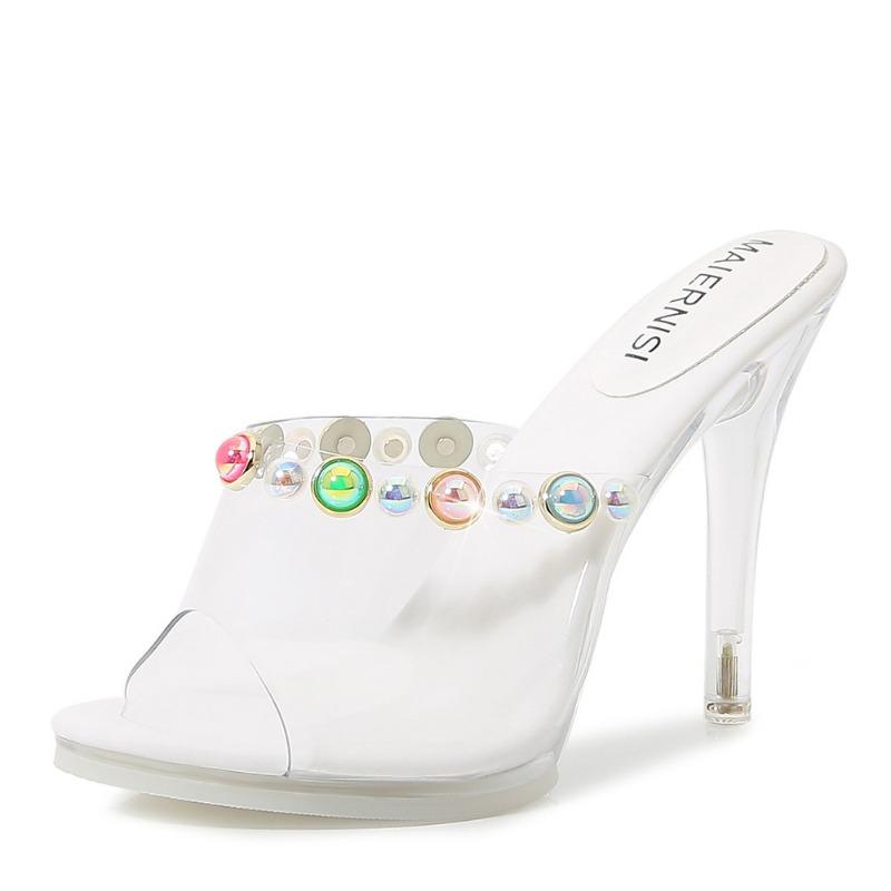 

Summer new transparent crystal heel pearl thin heel women s fashion sandals 35 белый