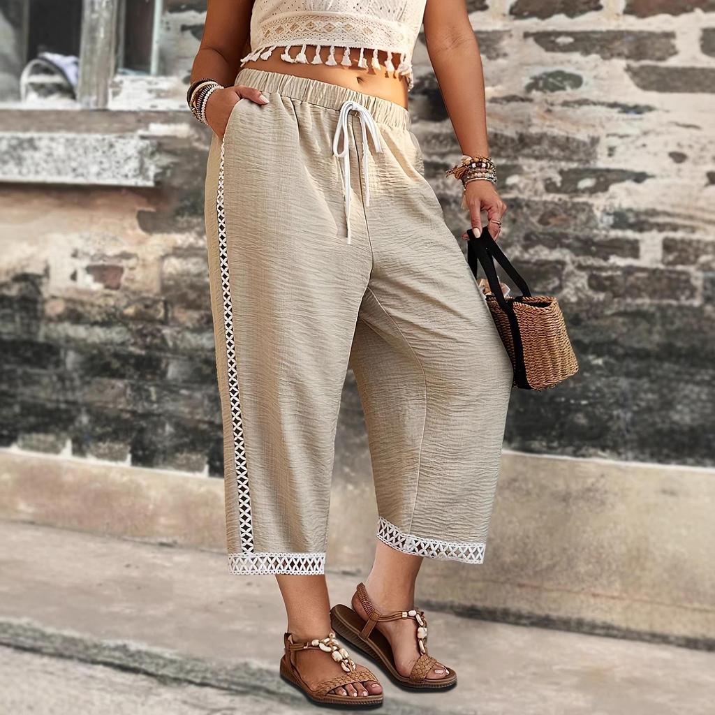 Damskie spodnie casual plus size z koronkowymi wstawkami, elastycznym pasem i kieszeniami, na wiosnę/lato, do kurortów