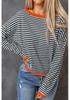 Shi Ying Women's Striped Drop Shoulder Sweater - Contrasting Trim, Loose Fit, Versatile Long Sleeve Knit Pullover.