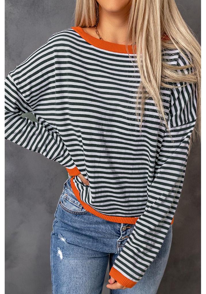 Shi Ying Women's Striped Drop Shoulder Sweater - Contrasting Trim, Loose Fit, Versatile Long Sleeve Knit Pullover.