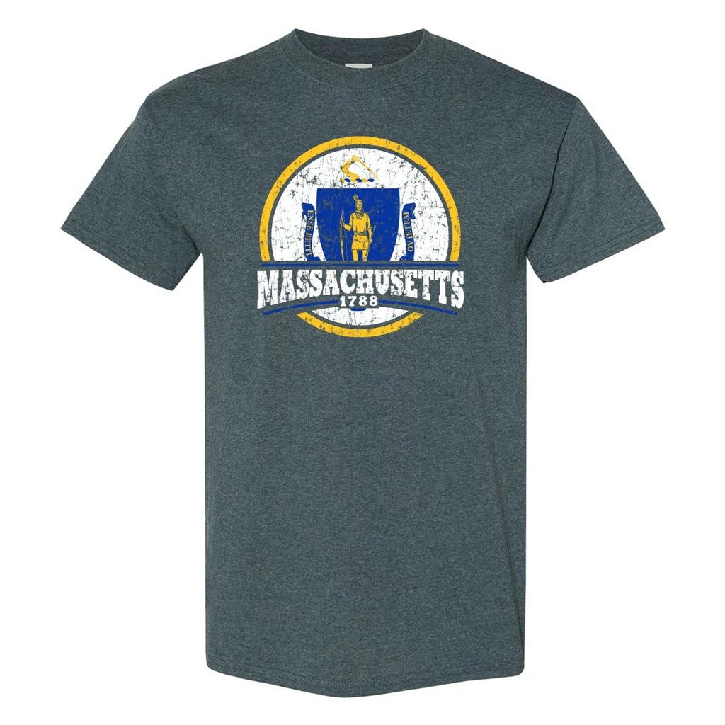 Massachusetts Distressed Circle - Hometown Pride T Shirt - Dark Heather