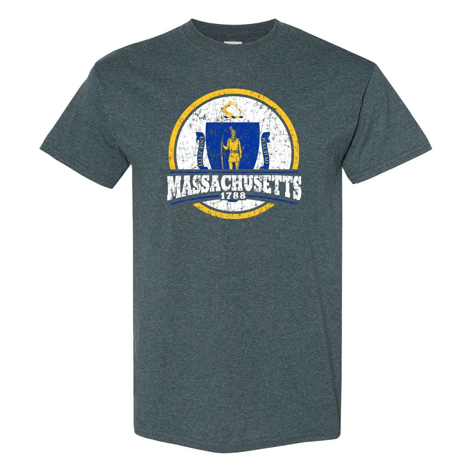 Massachusetts Distressed Circle - Hometown Pride T Shirt - Dark Heather 3XL