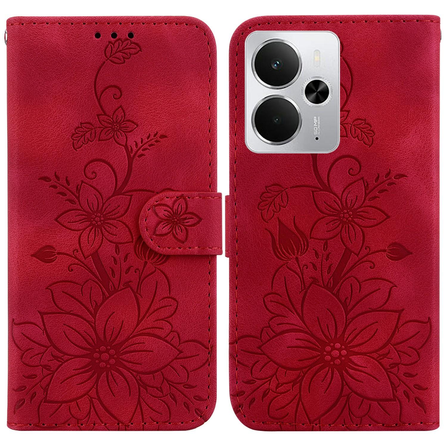 

For Realme 14 5G Case Lily Flower Imprint Leather Phone Cover with Stand E