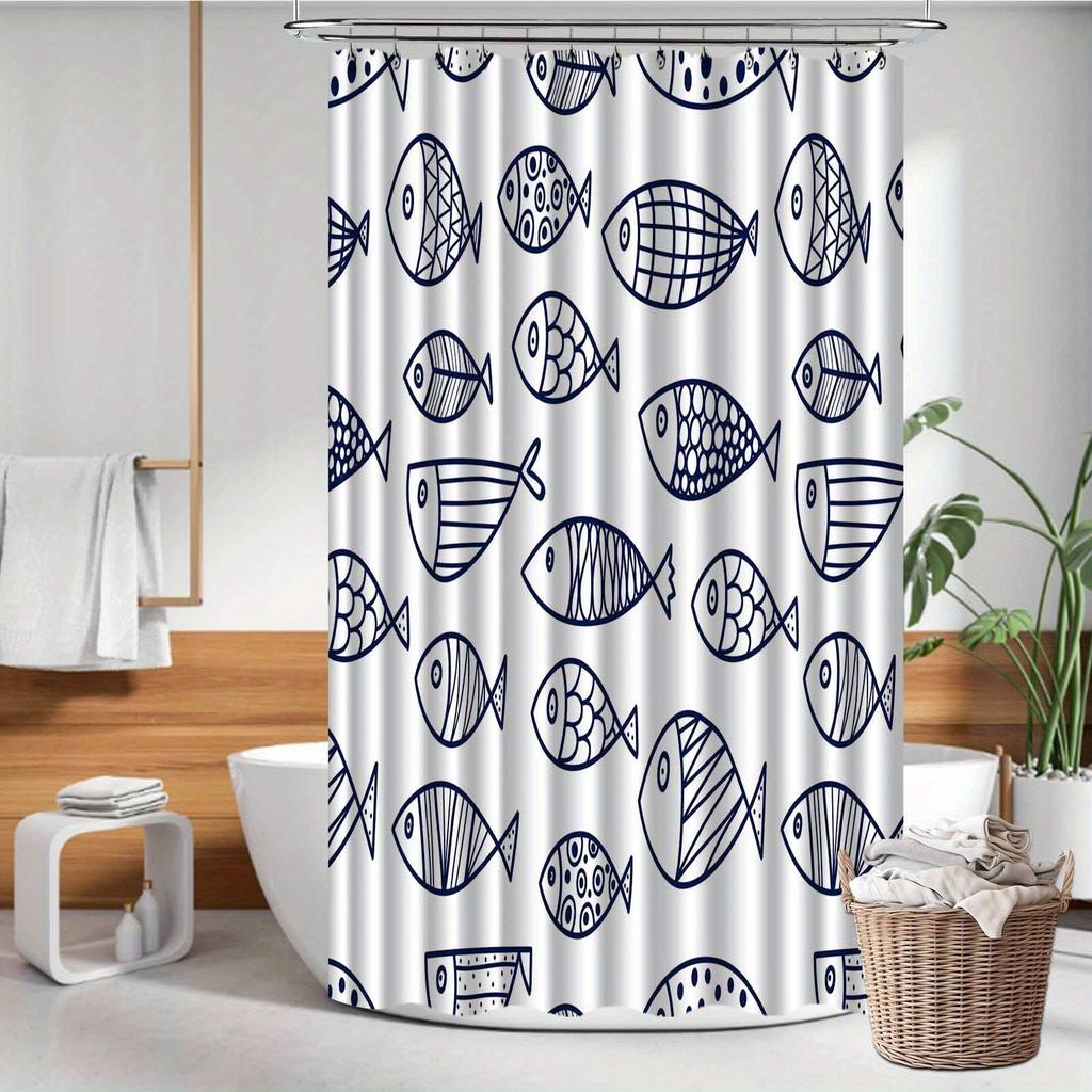 1Pc Minimalist Blue Fish Pattern Shower Curtain, Machine Washable Polyester, Suitable For Bathroom Decor.