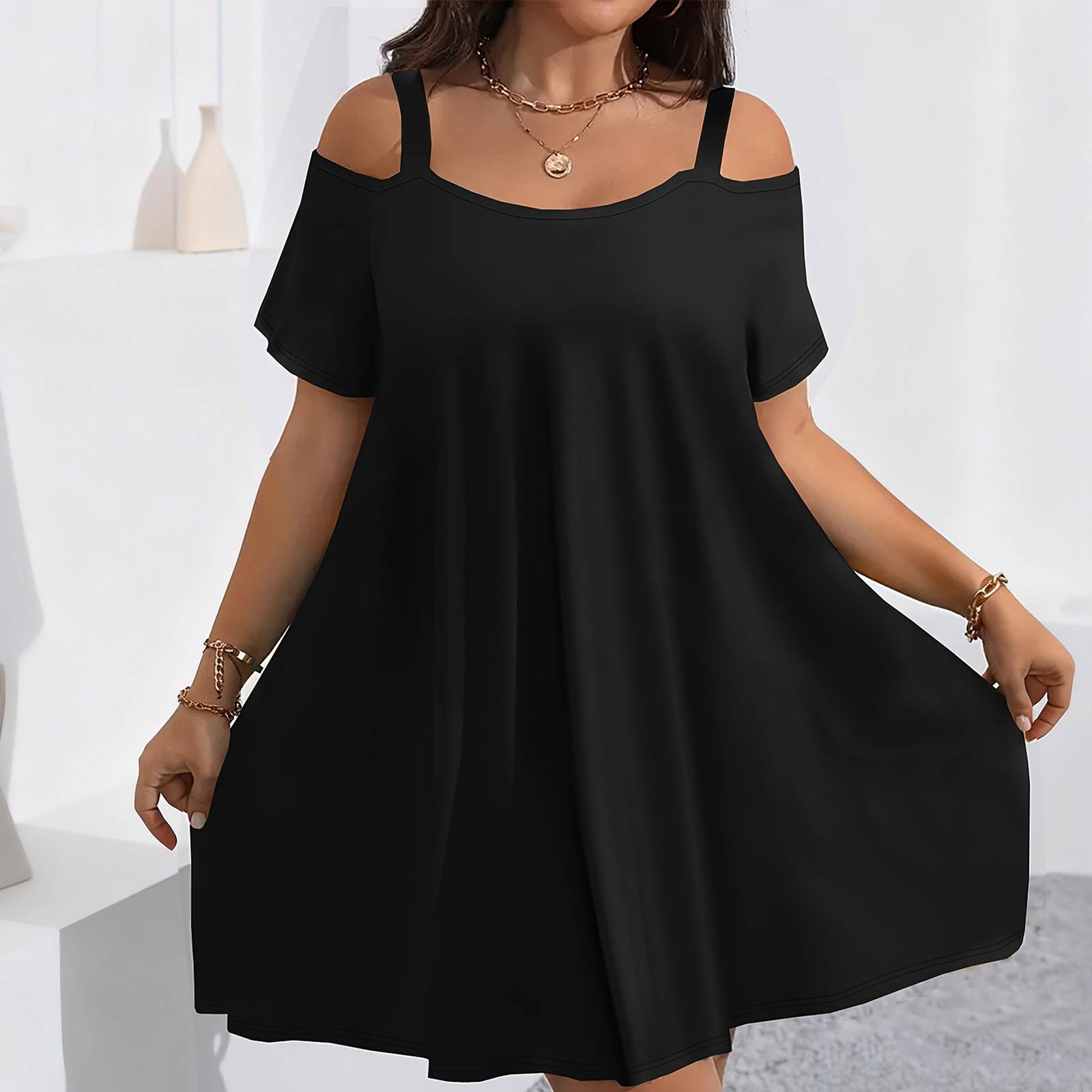 Women s Summer Fashion -Color Off-the-Shoulder Short-Sleeve Plus-Size Dress XXL чёрный