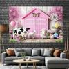 2D Flat Printing Pink Farm Animal Backdrop 210×150cm for Birthday