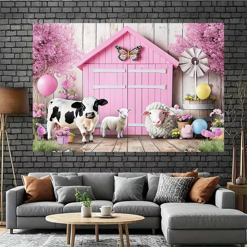 2D Flat Printing Pink Farm Animal Backdrop 210×150cm for Birthday