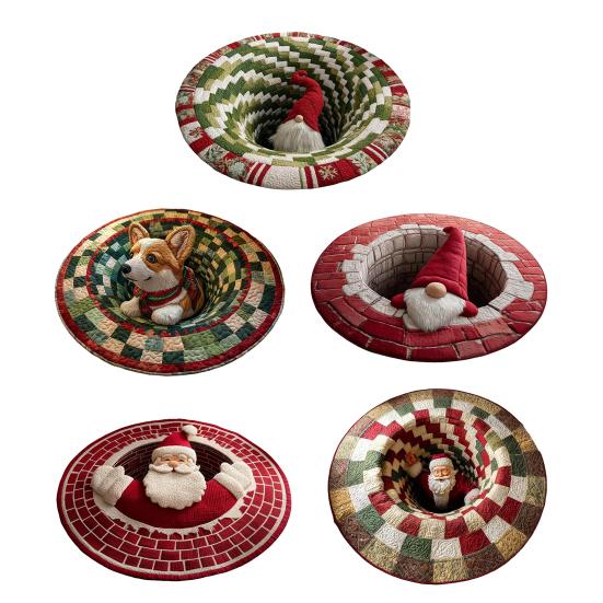 3D Christmas Rug Santa Claus Gnome Quilted Round Floor Mat Optical Illusion Depth Pattern Decorative Area Rug for Living Room Bedroom