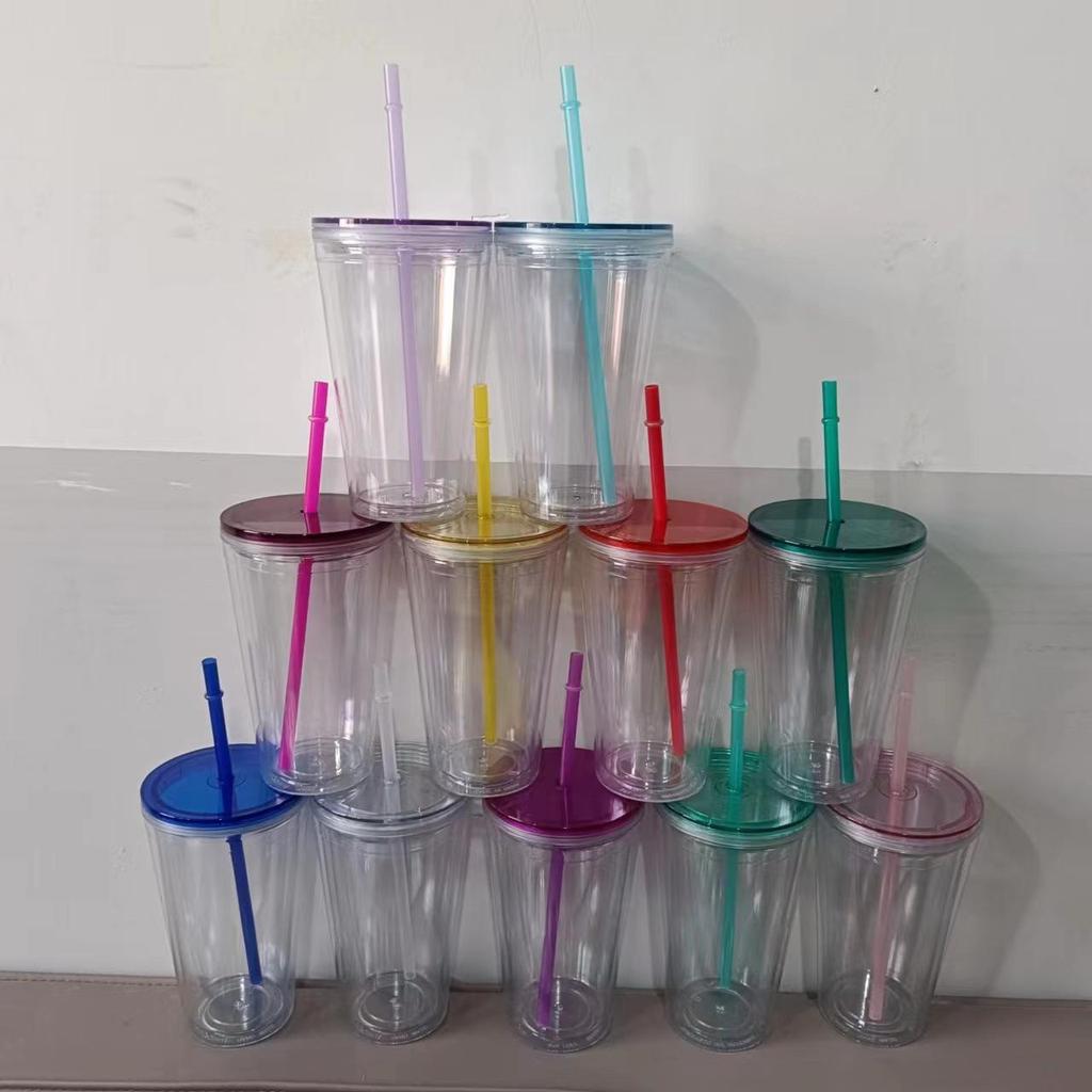 Customizable 16OZ Double-Layer Plastic Straw Cup with Lid and Logo