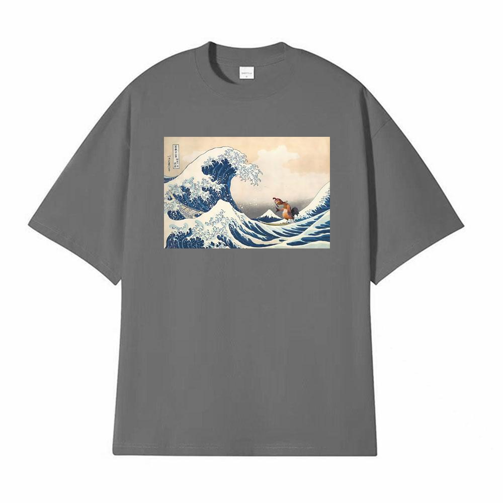 The Great Wave of Kanagawa Lmage Chicken Joe Funny Meme Picture T Shirt Surfs Up T Shirts Men Women Oversized TShirt Streetwear
