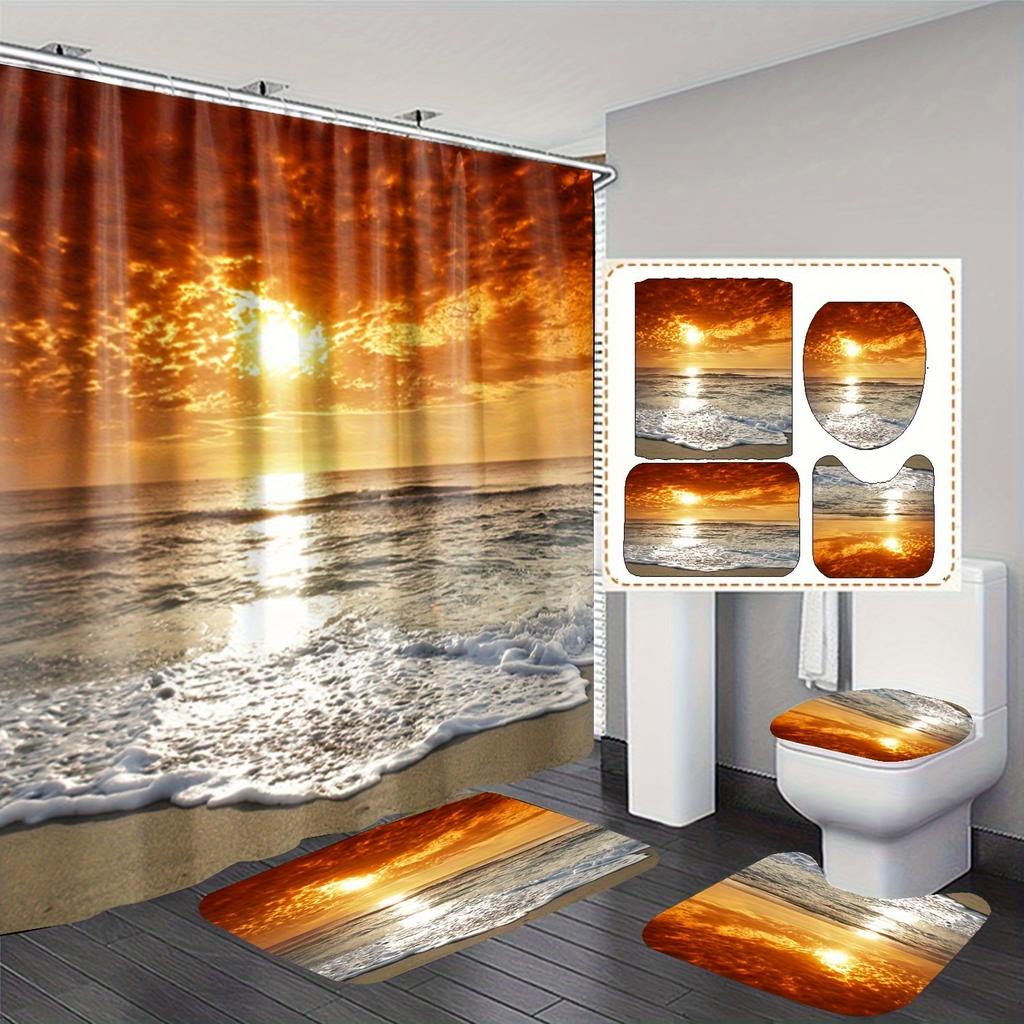 4Pcs Romantic Seaside Shower Curtain Set with Non-Slip Bath Mat, Toilet Lid Cover, Contour Rug & 12 Hooks, Bathroom Decor