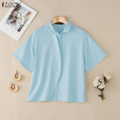 Mulheres Casual Turn Down Collar Blusa de manga curta de cor sólida